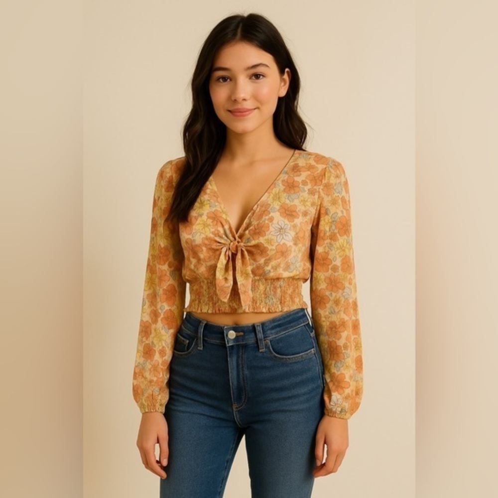 Sadie & Sage Women's Brown Peach Floral Smocked Waist Cropped Top EUC M #1144